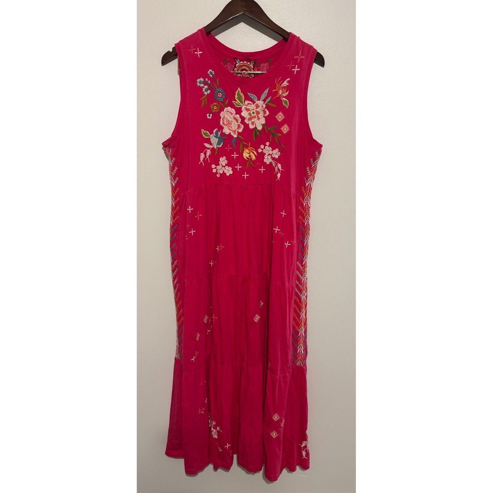 Johnny Was Ceretti Pink Embroidered Tiered Maxi Dress Womens XL Cotton J37723-4 - Picture 2 of 15